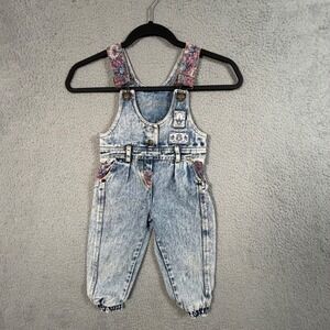VTG Bugle Denim Acid Wash Floral Patch Overalls Jumpsuit Girl 2T Toddler 90s